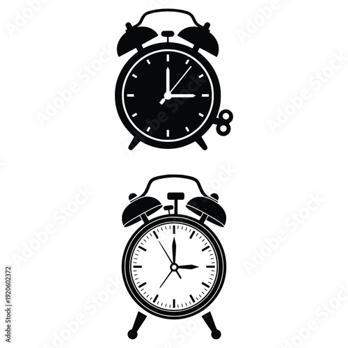 Set of vintage twin bell alarm clocks silhouettes for time management and deadline concept
