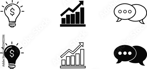 Collection of business and communication icons including light bulbs and graphs