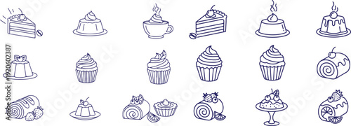Vector art of assortment of sweet desserts and cakes in blue line art