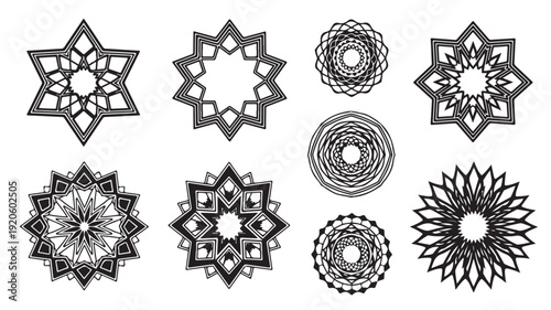 Mandala designs in various geometric patterns with intricate details in black and white for graphic design