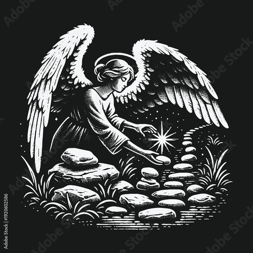 Angel guiding with light on a stone path illustration.