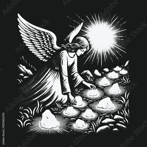 Angel tending to glowing stones under a radiant sun.
