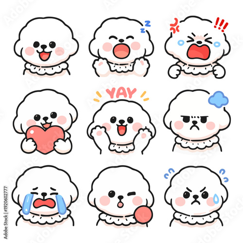 A set of cute anime dogs illustrations in various clothes doing different activities with different expressions. Stickers or badges. Bichon