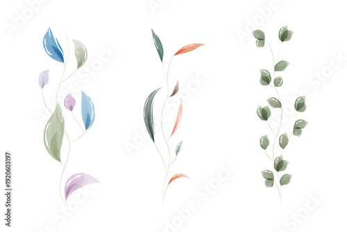 A set of three distinct watercolor leaf compositions, each showcasing delicate, translucent foliage on thin stems.