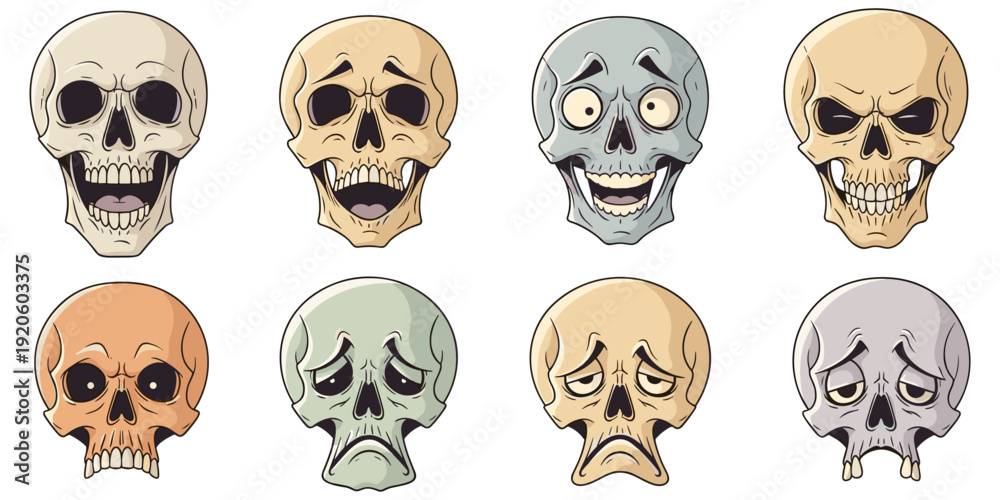 Obraz premium Cartoon Skull Emotion Icon Set with Various Human Expressions and Feelings