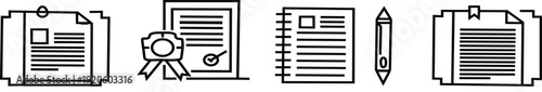 A collection of document icons with a certificate and pen
