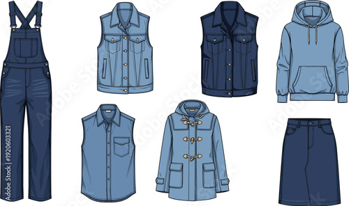 Blue denim apparel collection set, overalls vest hoodie shirt duffle coat skirt, casual fashion flat vector illustration design