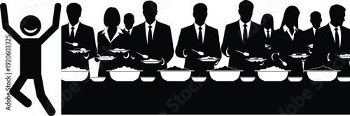 Business team buffet dinner concept, corporate professionals serving food line, celebration silhouette, minimal black white flat vector illustration design