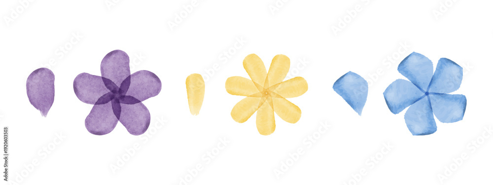 Naklejka premium Delicate watercolor artwork featuring three flowers in purple, yellow, and blue. Each flower is accompanied by a single matching petal, all placed against a clean white background.