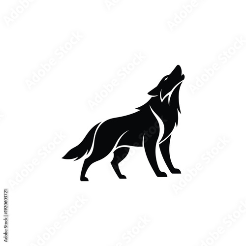 A black silhouette of a wolf howling upwards with its head tilted back standing on all fours seen from the side outdoors