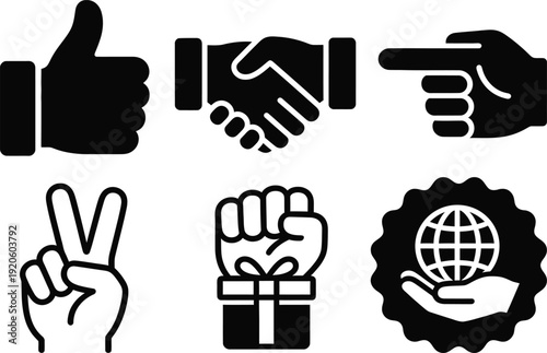 Hand Gesture and Global Support Icon Set. Handshake, Thumbs Up, and Unity Symbols. Vector Illustration