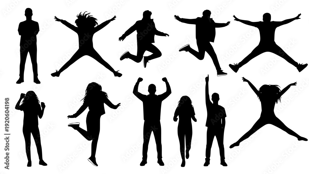 Fototapeta premium Silhouettes of young people jumping in fashionable clothes. Vector silhouettes man and women, illustration. Transparent background SVG version.