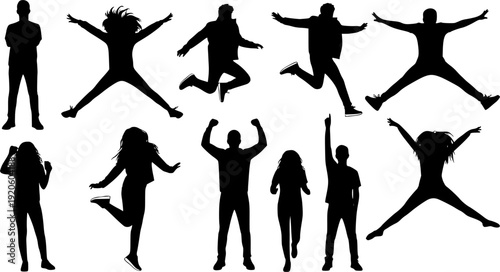Silhouettes of young people jumping in fashionable clothes. Vector silhouettes man and women, illustration. Transparent background EPS version.