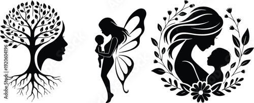 Motherhood Conceptual Art. Tree of Life, Fairy Mother, and Floral Wreath Graphics. Vector Illustration