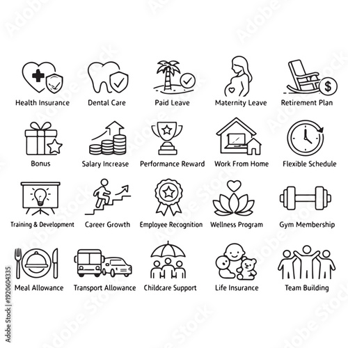Employee Benefits Monochrome Line Icon Set