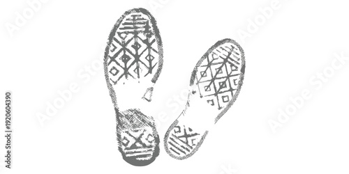 A detailed illustration of two sneaker footprints showing the intricate sole patterns in a monochrome style.