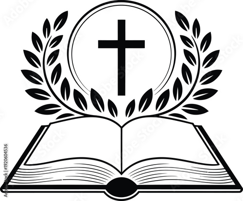 Black and white illustration of a cross on a book with laurel wreath symbol  religious icon