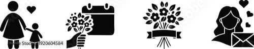 Motherhood and Gifting Icon Set. Mom with Child, Flowers, and Calendar Symbols. Vector Illustration
