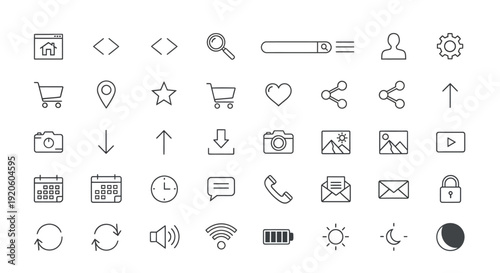 Collection of simple outline icons for user interface design.
