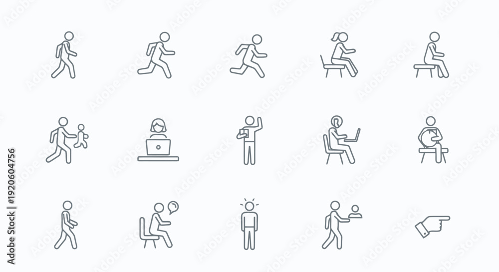 Fototapeta premium Collection of simple line art icons representing human activities and emotions.