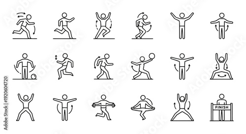 Collection of simple line art icons representing various human activities and exercises.