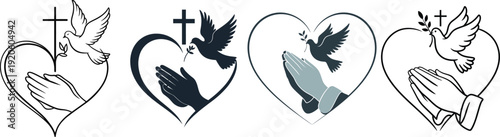 Heart shape with hands praying and doves holding olive leaves and christian crosses