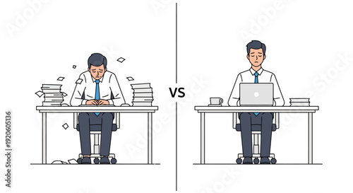 Business Person Overwhelmed by Paperwork Contrasted With Organized Digital Workstation Efficiency