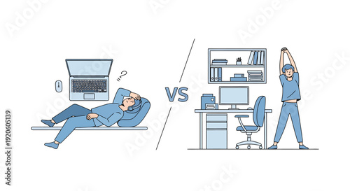 Tired Person Resting Near Laptop Versus Active Person Exercising At Desk