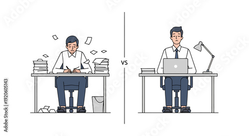 Organized Versus Disorganized Workspace Showing Productivity Contrast Overwhelmed Worker versus Efficient Employee at Desk