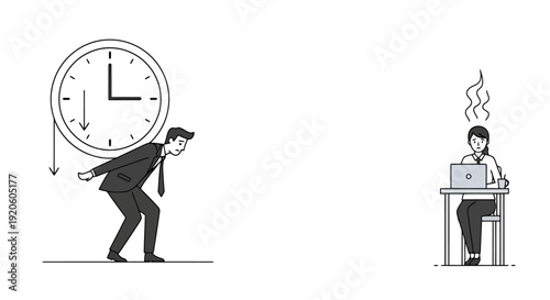 Business person carrying heavy clock representing time pressure with stressed colleague at desk with laptop demonstrating workload and deadlines