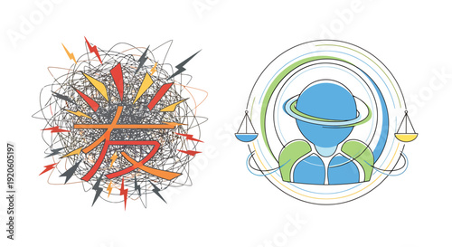 Chinese Character For Friendship Surrounded By Chaos Contrasting With A Balanced Figure Representing Harmony And Equanimity