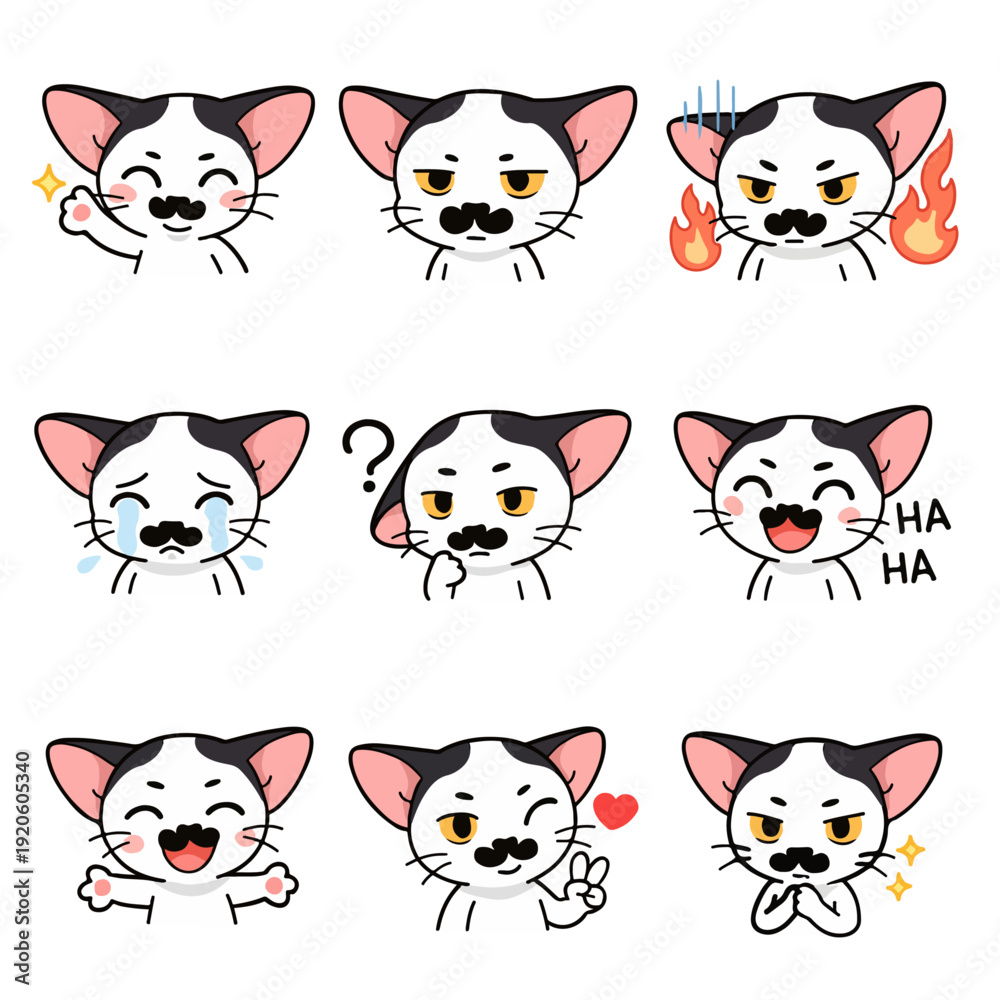 Fototapeta premium A set of cute anime cats illustrations doing different activities with different expressions.Stickers or badges. Oriental Shorthair