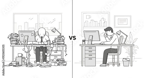 Contrast Between Disorganized Messy Workspace and Tidy Organized Professional Work Desk with Business People Working