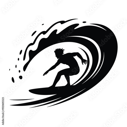 A silhouetted surfer rides a powerful curling ocean wave in black and white