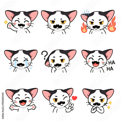 A set of cute anime cats illustrations doing different activities with different expressions.Stickers or badges. Oriental Shorthair