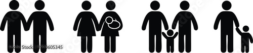 Family and Parenting Icon Set. Parents with Children, Pregnancy, and Baby Care Symbols. Vector Illustration