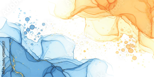 An abstract fluid art background blending warm orange and cool blue colors with gold accents