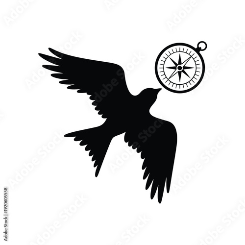 A silhouetted bird in flight with a compass replacing its head