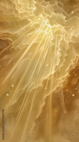 Abstract wallpaper with golden skies through which golden rays of sun shine.