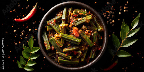 Bhindi Masala in dish on dark background and top view