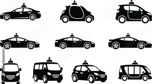 Silhouette of various cars and suvs in different styles and shapes on white background