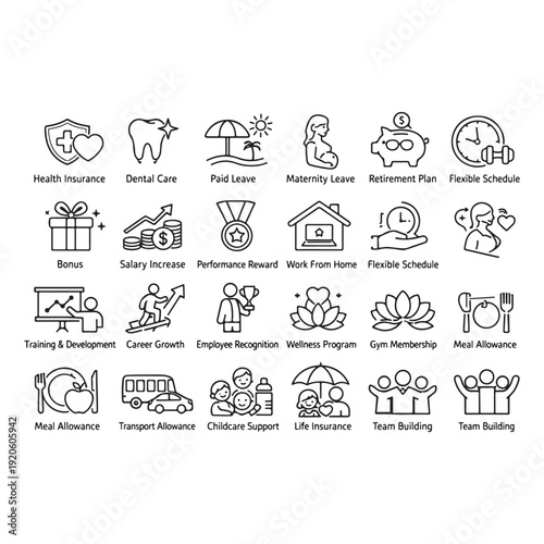 Employee Benefits Monochrome Line Icon Set