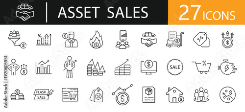 Asset Sales Outline Icons Set – Modern Thin Line Vector Collection for Property, Investment and Business Transactions