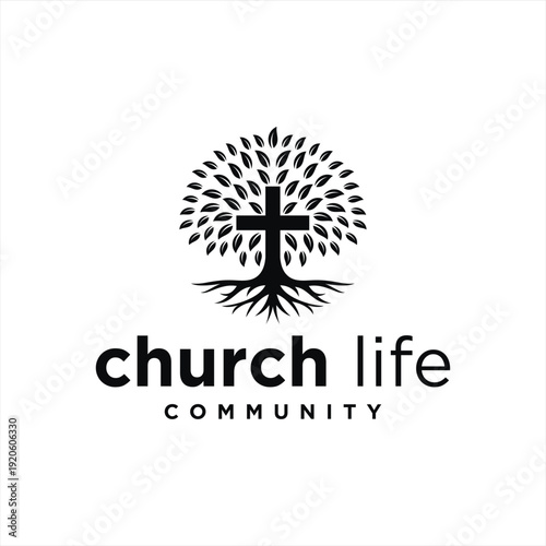 Christian cross church community with plant flower rooted logo design inspiration