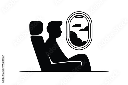 A silhouette of a man looking out of an airplane window at clouds