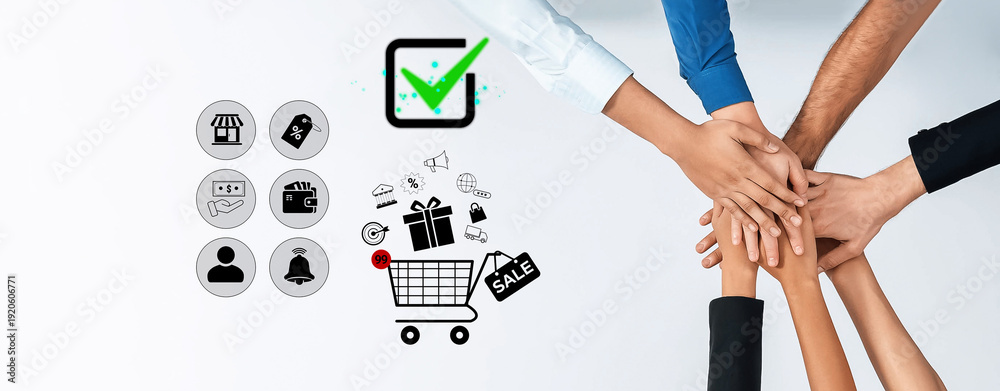 Obraz premium Hands Joining Together for Team Collaboration in Online Shopping and E-Commerce with Symbols of Sale, Security, and Customer Engagement Quark.