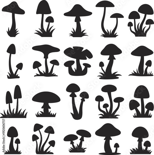 Vector mushroom silhouette set featuring diverse forest fungi shapes, toadstools, and organic botanical elements in solid black style for nature-themed graphic design projects.