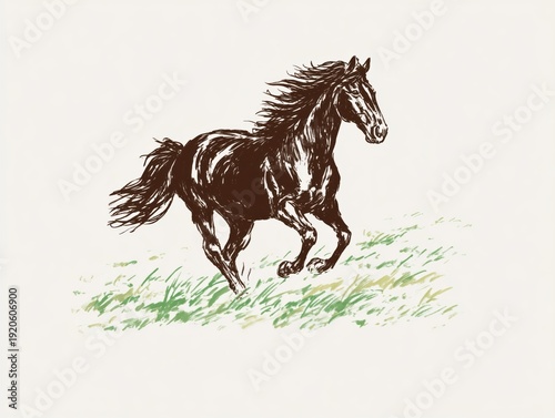 Hand-drawn running horse illustration in minimal ink sketch style on light paper, suitable for equestrian branding, sports marketing, western lifestyle packaging, posters and apparel graphics