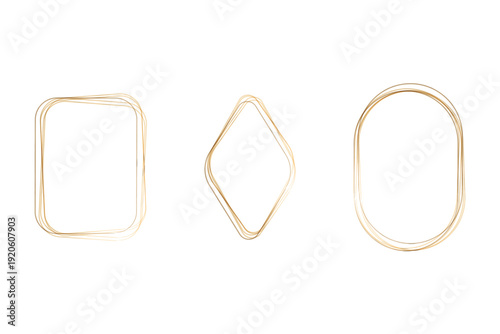 Three abstract watercolor frames feature soft, flowing golden lines. A rounded rectangle, a diamond, and an oval frame appear on a clean white background, offering elegant design elements.