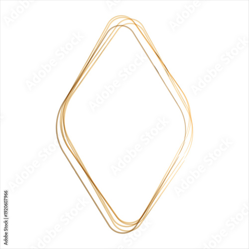 Abstract gold watercolor frame with soft rounded corners in a diamond shape. Layered brushstrokes create gentle texture on a simple white background. Ideal for a border or decorative element.